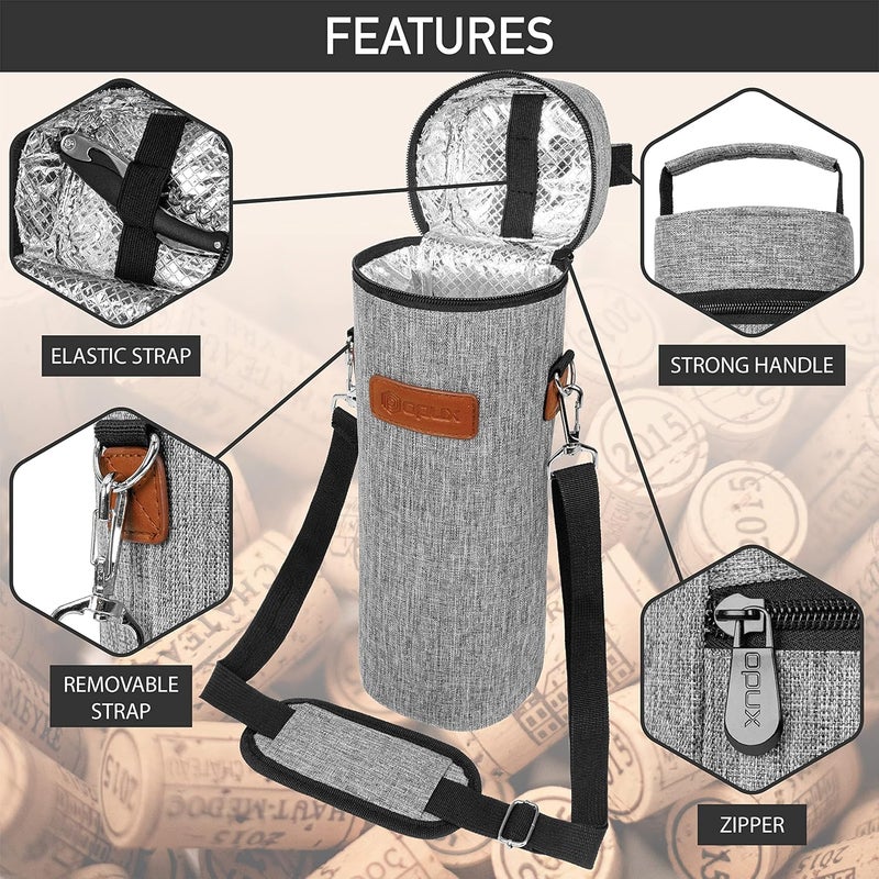 OPUX Wine Bag Single Bottle Carrier Tote, Insulated Wine Cooler Bag for Travel Picnic Beach with Shoulder Strap, Thermal One Bottle Holder Carrying Case Wine Gift for Women Men, Heather Light Gray - Image 4